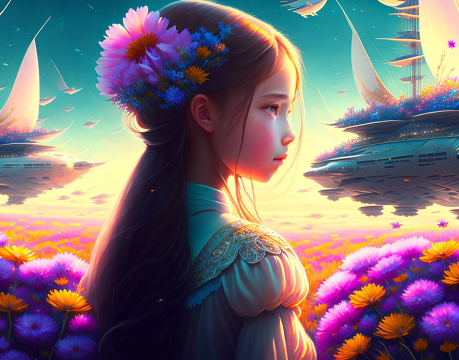 Girl with flower crown gazes at futuristic ships over purple flower field