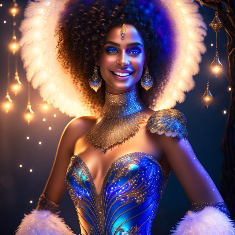 Smiling woman in gold jewelry and blue bodice with glowing lights.