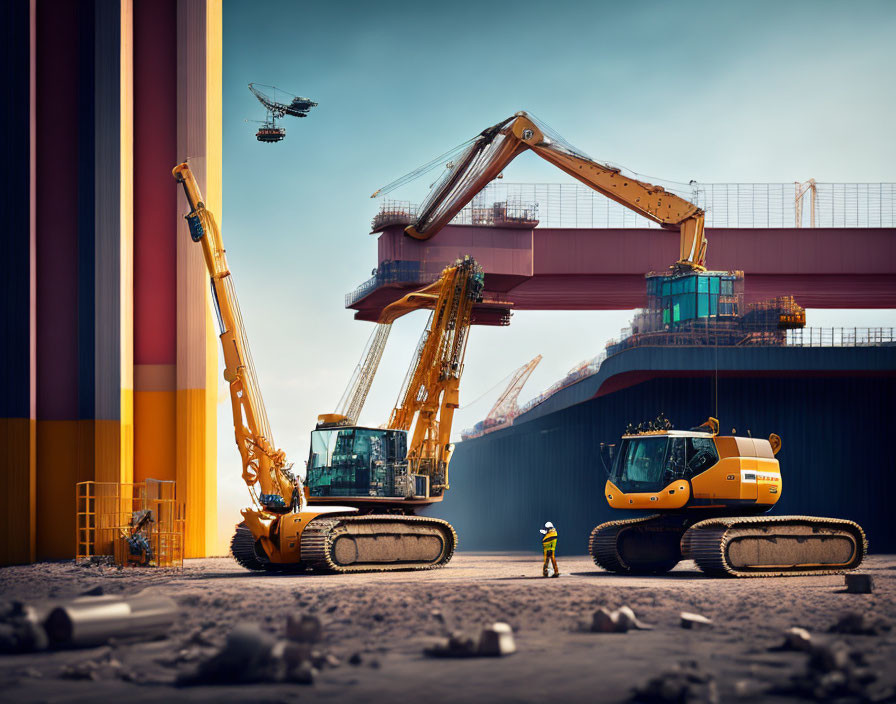 Construction site worker in high-visibility clothing with excavators and drone.