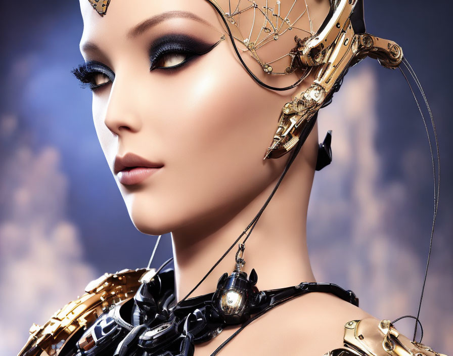 Intricate gold headgear on humanoid robot against blue background