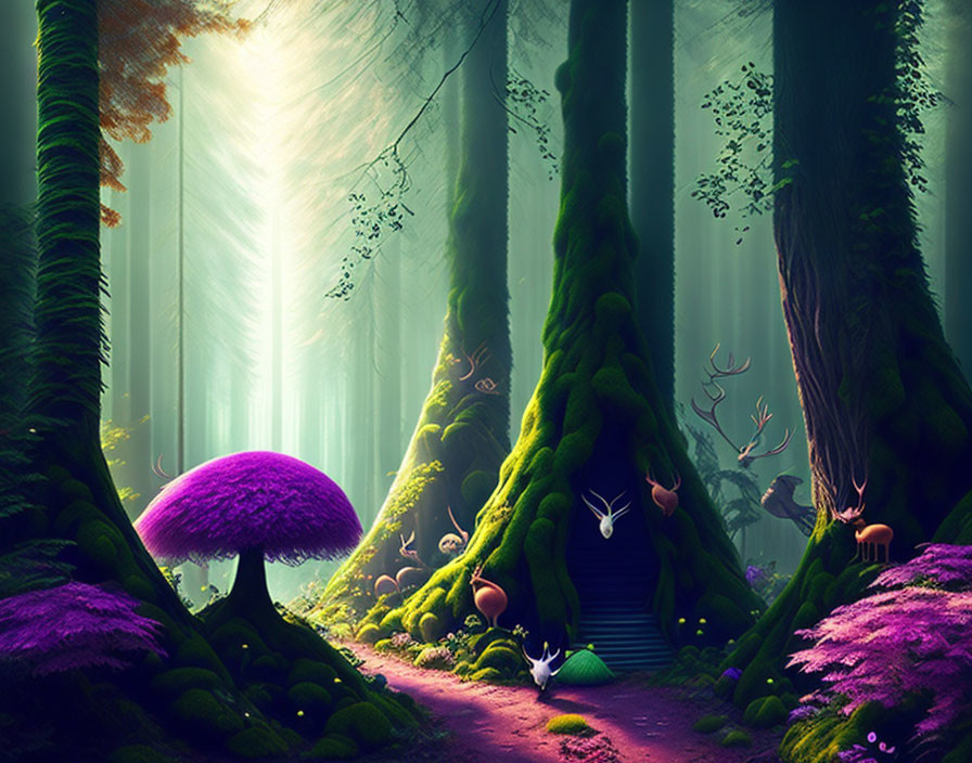 Enchanted Forest with Purple Mushrooms and Sunlight Rays