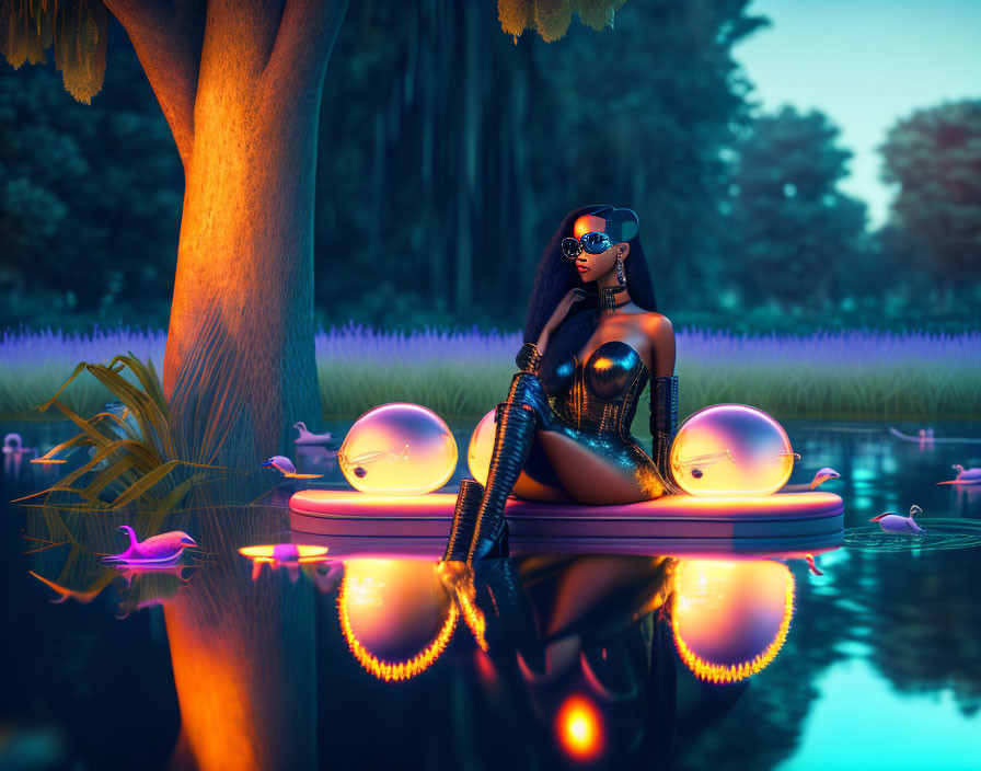 Futuristic woman on floating platform with orbs and wildlife at twilight