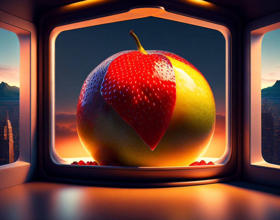 Surreal image of giant strawberry-apple fruit in airplane window with city skyline at sunset