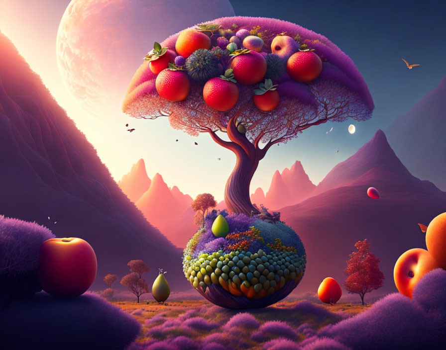 Colorful Landscape with Oversized Fruits, Floating Islands, and Mountains under a Purple Sky