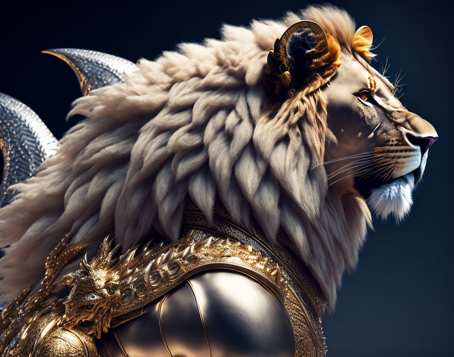 Regal lion digital artwork with golden armor on dark background