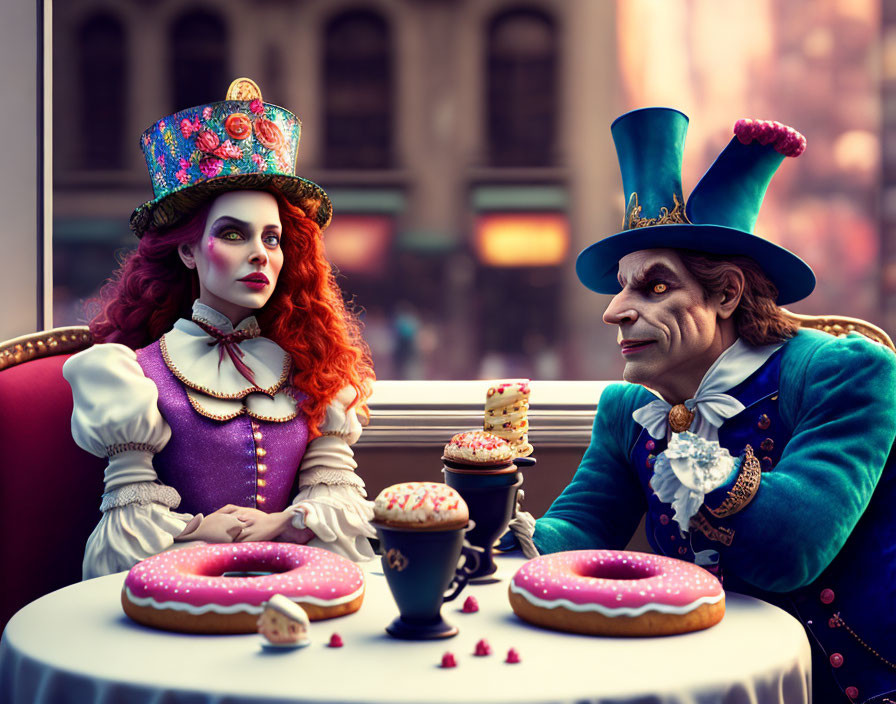 Costumed duo as Mad Hatter and Red Queen with donuts and teacup