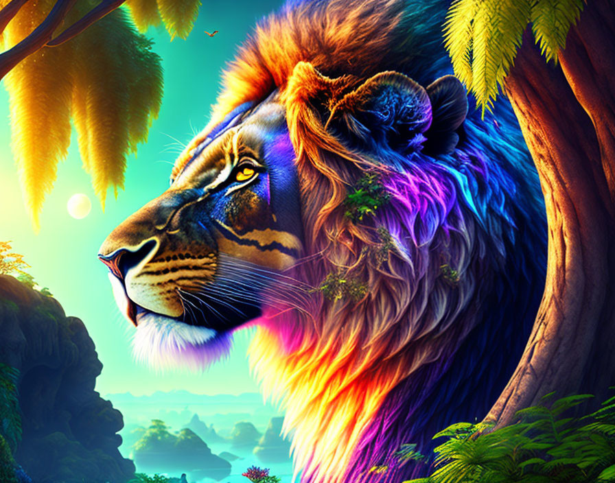 Colorful Lion's Head Artwork in Lush Jungle Setting