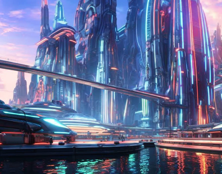 Futuristic cityscape with neon-lit skyscrapers and flying vehicles