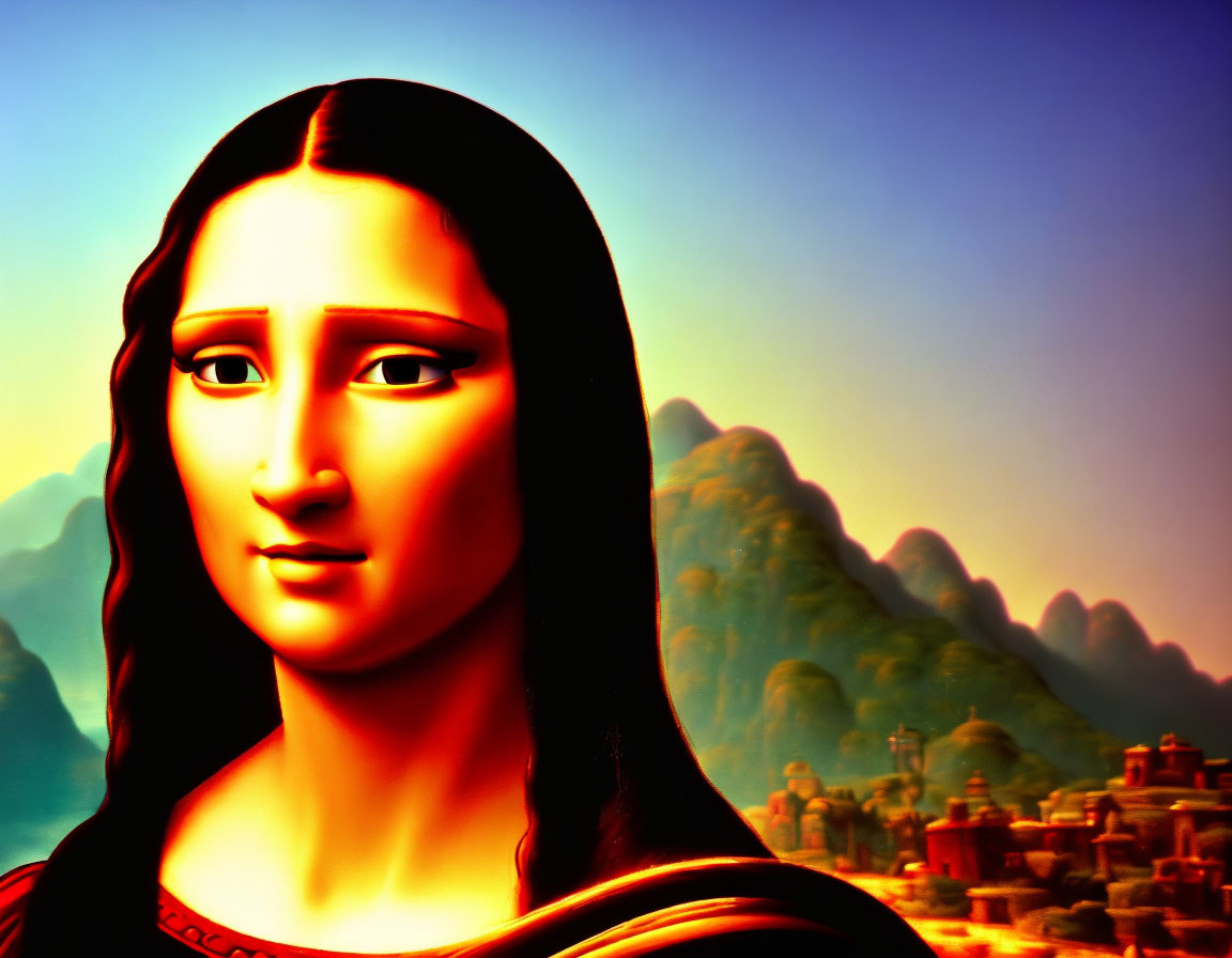 Colorful, Simplified Mona Lisa with Hills and Skyline