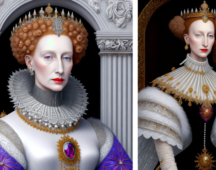 Regal figure in elaborate Elizabethan attire with ruff collar and ornate jewels