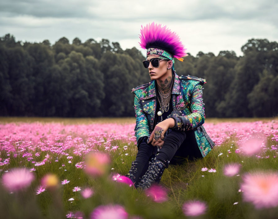 Punk Hairstyle Person in Colorful Jacket Among Pink Flowers