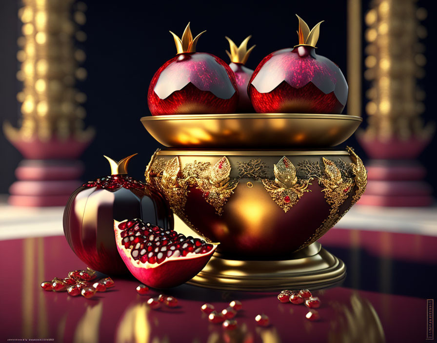 Ornate Golden Bowl with Red Pomegranates on Reflective Surface