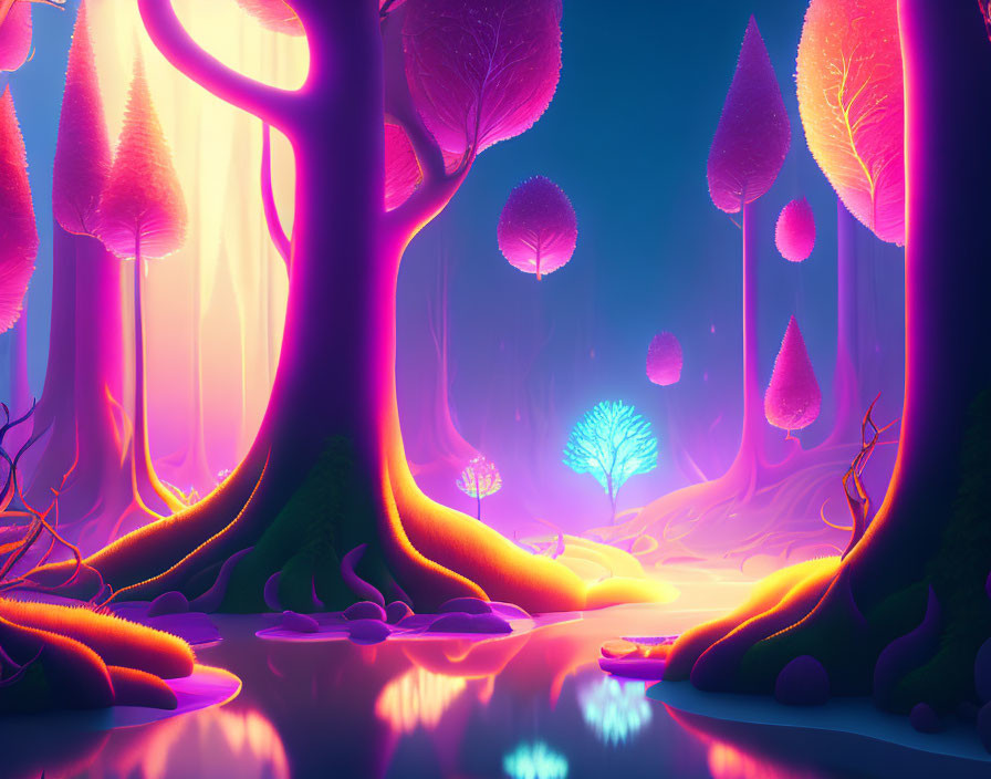 Fantasy forest with neon pink and blue hues and glowing trees