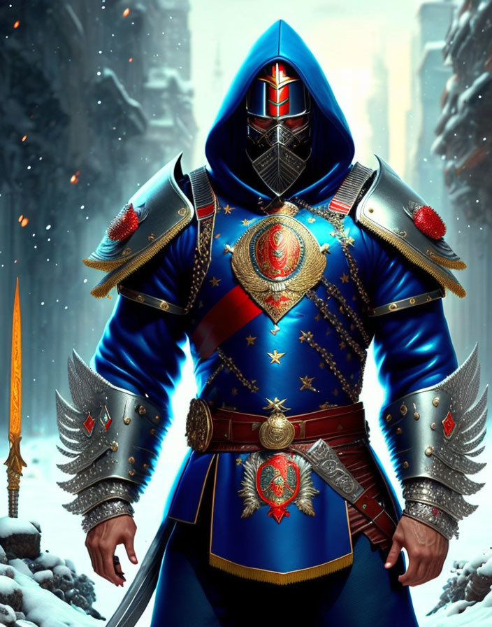 Knight in Blue Armor with Sword in Snowy Forest