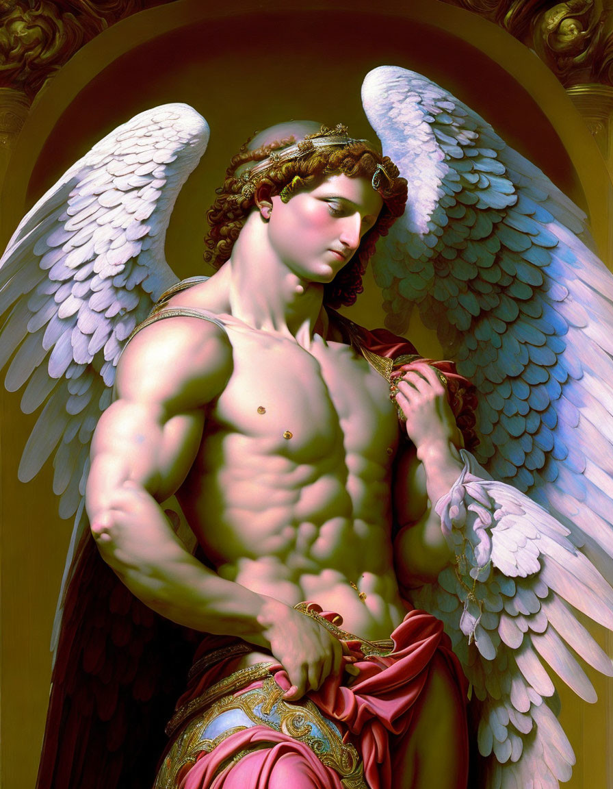 Muscular male angel with white wings in laurel wreath and drapery under golden arch