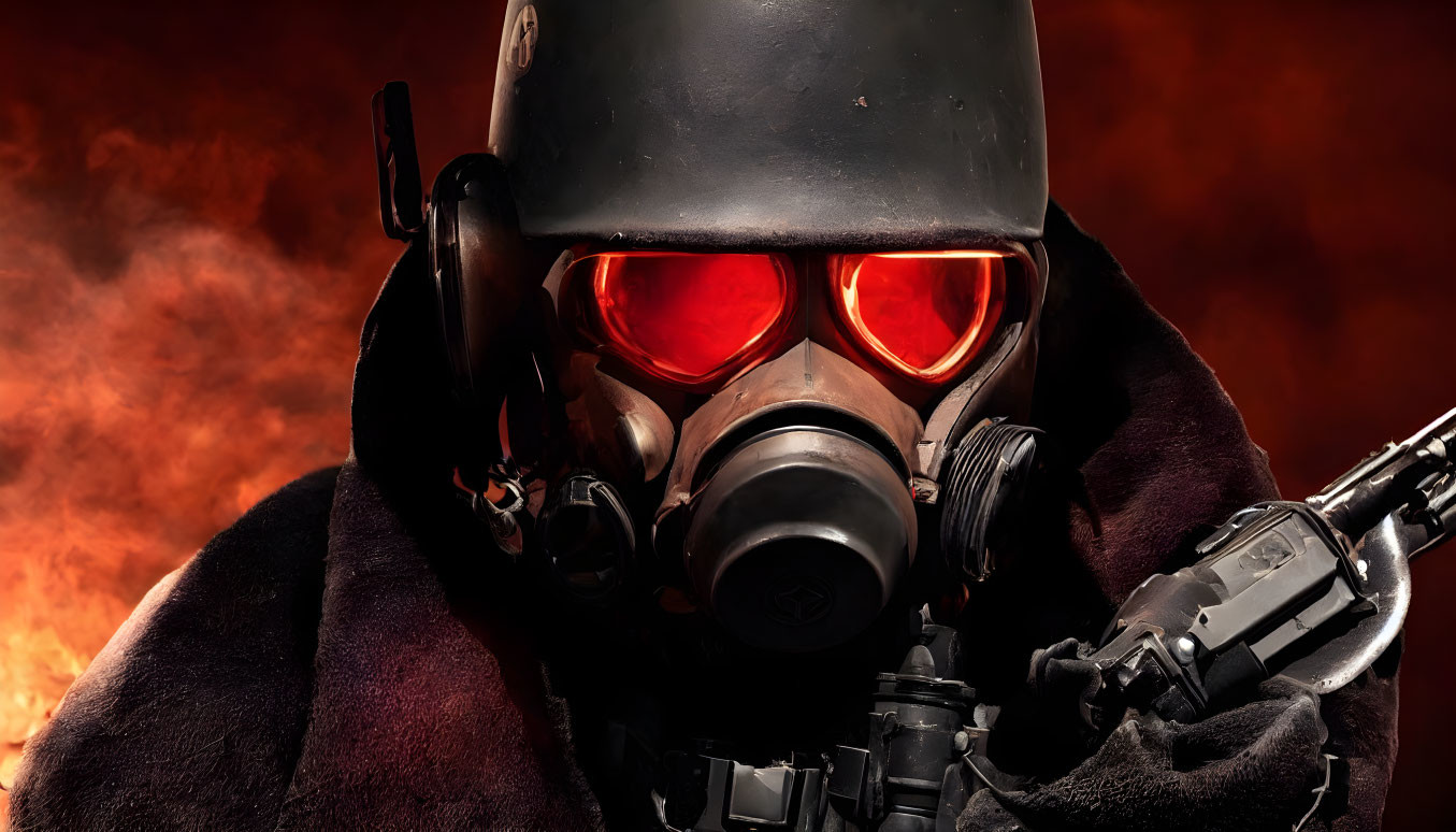 Person in Gas Mask with Red Goggles and Military Helmet Holding Firearm in Fiery Background