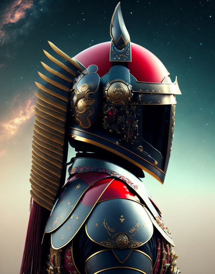 Samurai in ornate armor with red helmet and gold details under twilight sky