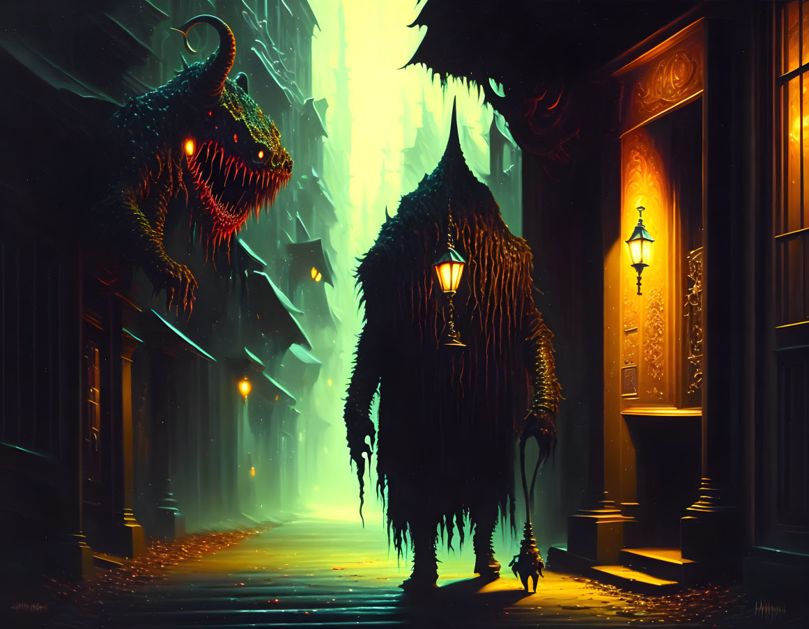 Dark street scene with looming monsters and small figure in eerie setting