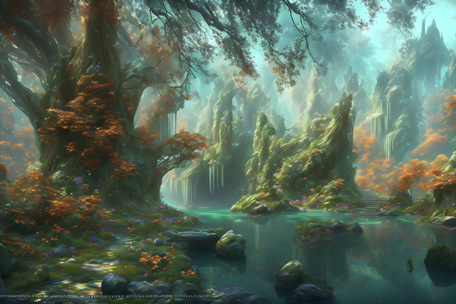 Tranquil forest scene with lush greenery, towering trees, serene pond, sunlight, and autumn