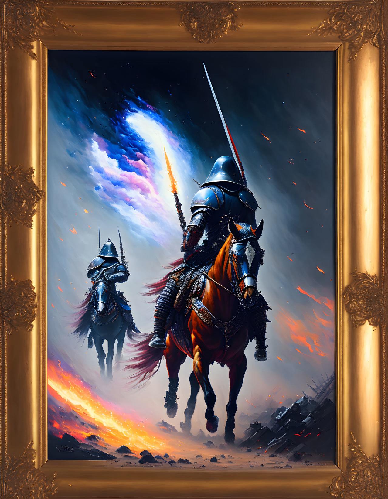 Medieval knight on horseback with raised sword in cosmic scene framed in gold