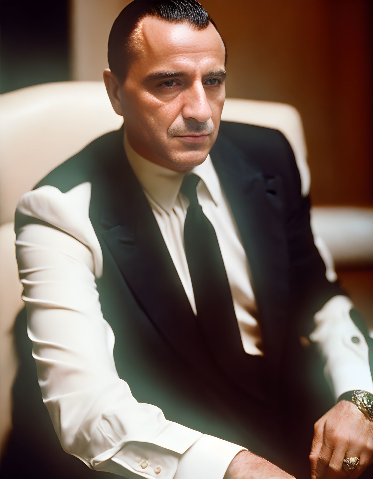 Man in White Suit with Black Shirt and Tie Sitting and Gazing Intently