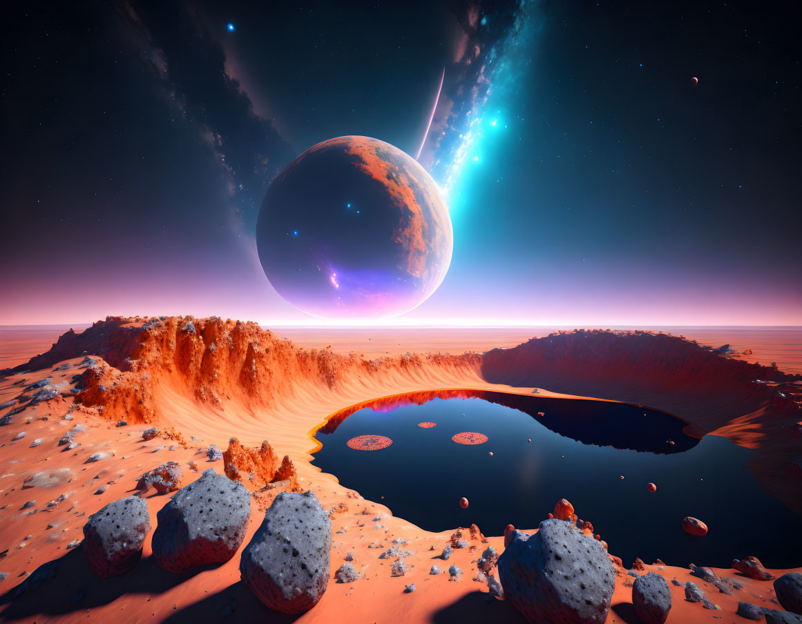 Surreal extraterrestrial landscape with orange desert, rocky outcrops, dark lake, large