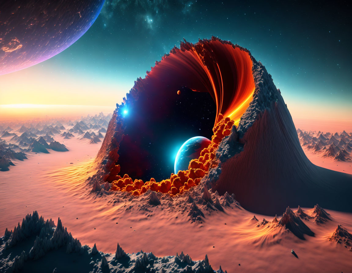 Surrealist digital art: volcanic eruption, planet rise, snow-covered landscape