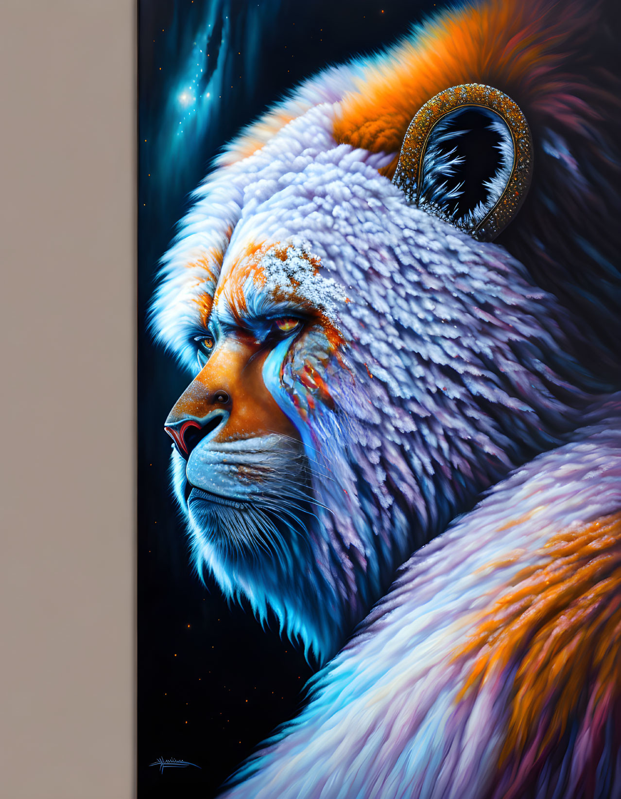 Colorful Lion Painting with Cosmic Background in Blues and Oranges