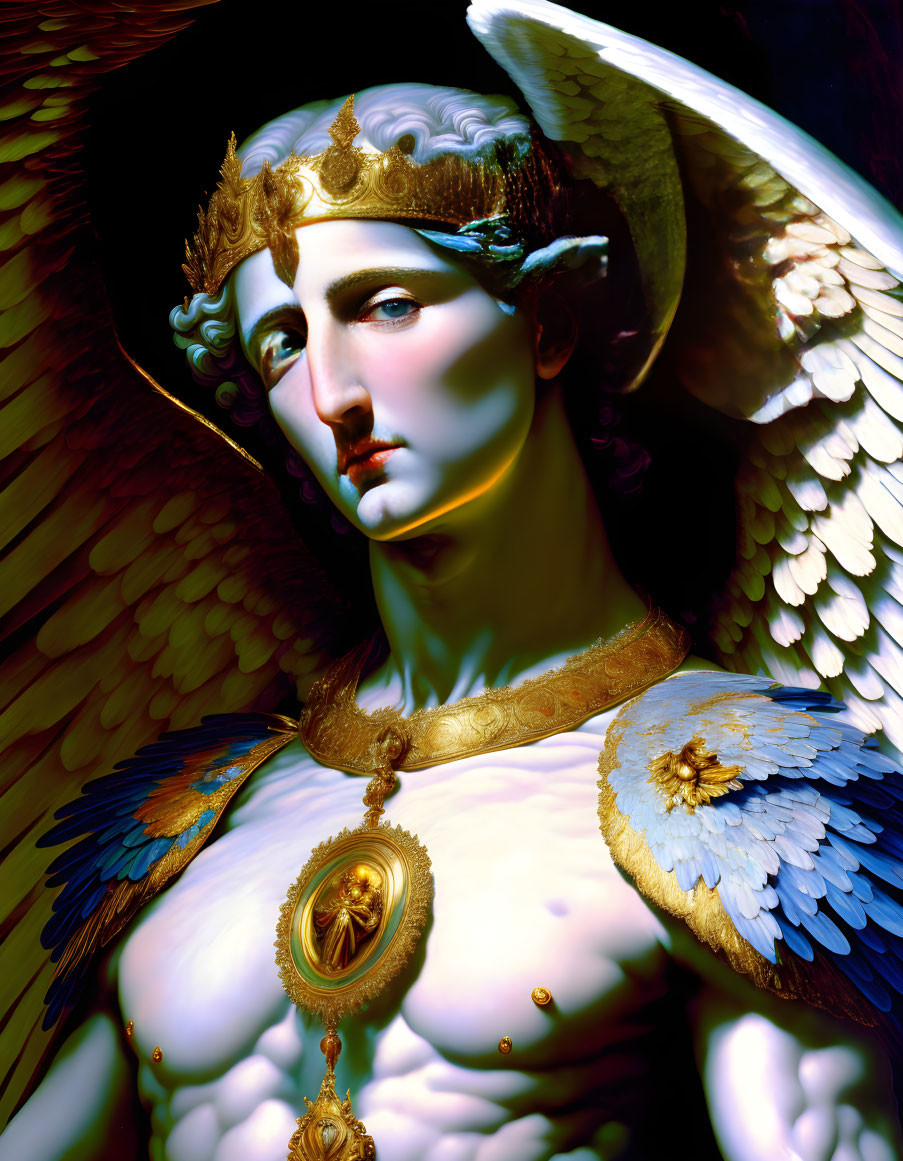 Detailed colorful angelic figure with golden headdress and wings in dramatic lighting