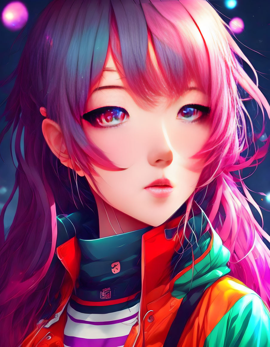 Vibrant anime-style girl with multicolored hair in red and green jacket