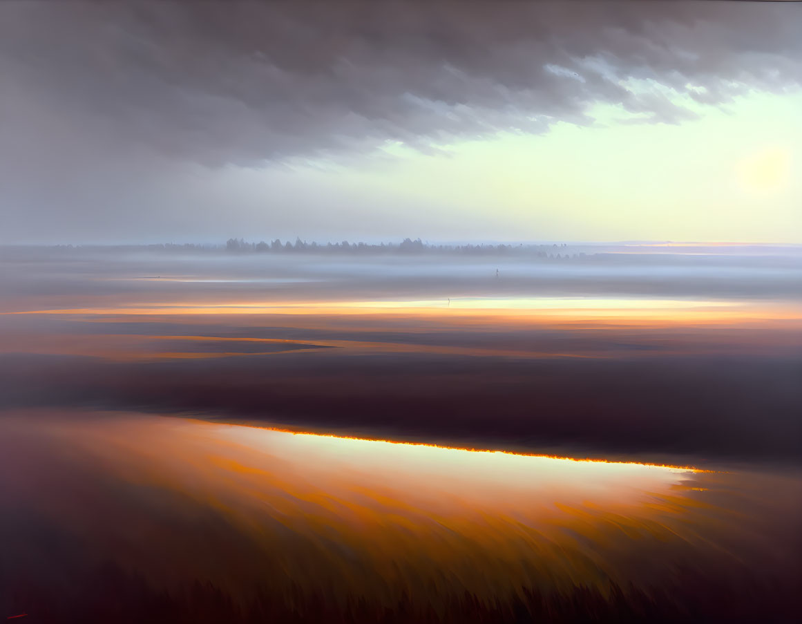 Tranquil Dusk Landscape with Sunlight Reflection on Water