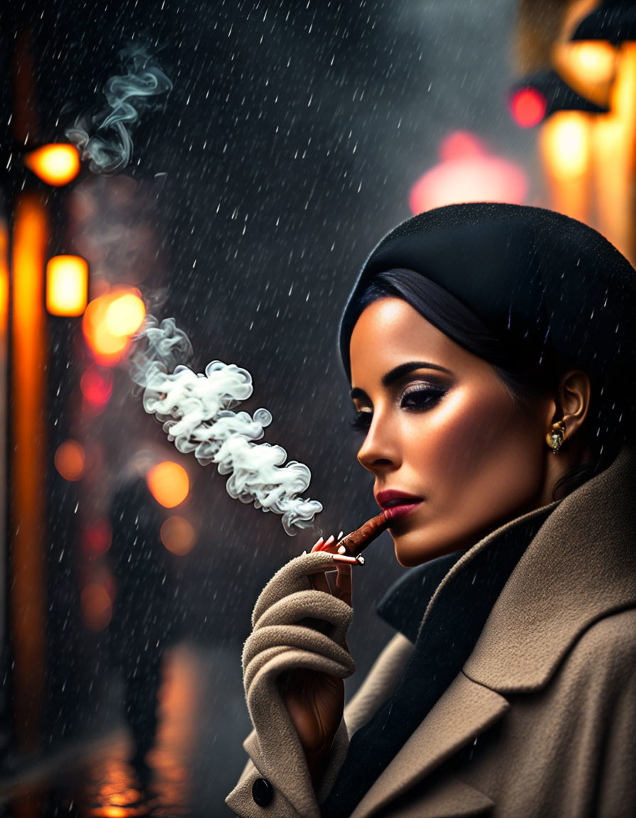 Woman in beret smoking cigarette at night in snowfall under street lights