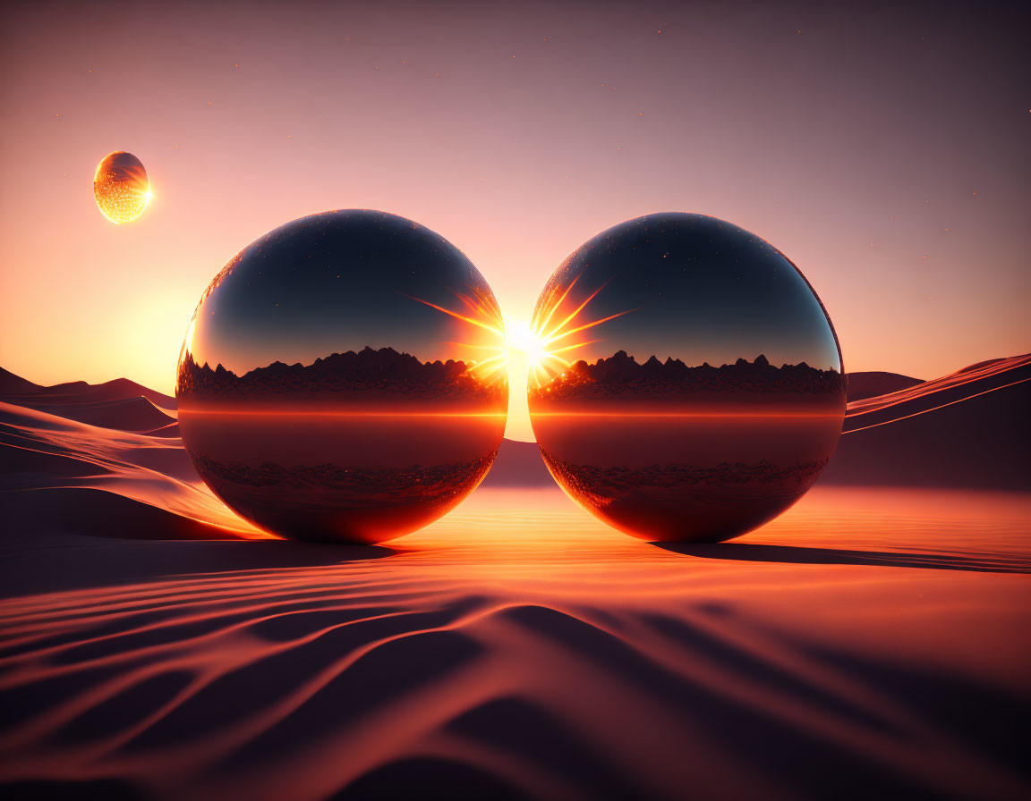 Reflective spheres on sandy desert with sunset and planet in sky