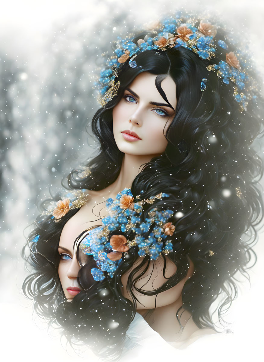 Digital art portrait of woman with black hair, fair skin, blue eyes, floral crown, and star