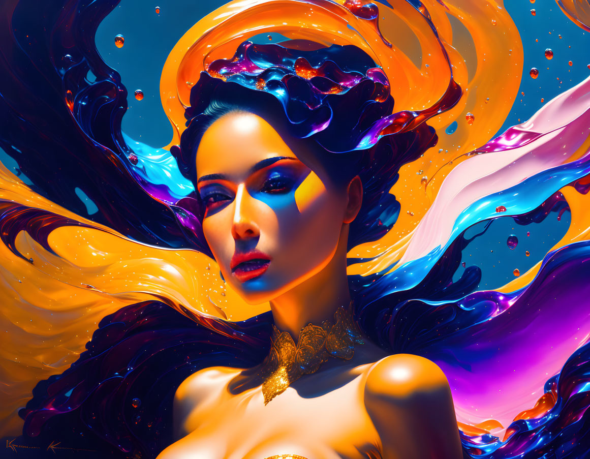 Colorful digital artwork of woman with flowing hair in vibrant, liquid-like patterns