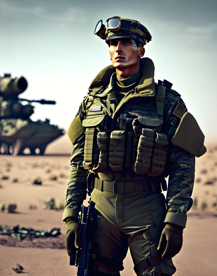 Military soldier in full gear with rifle in desert setting with tank.