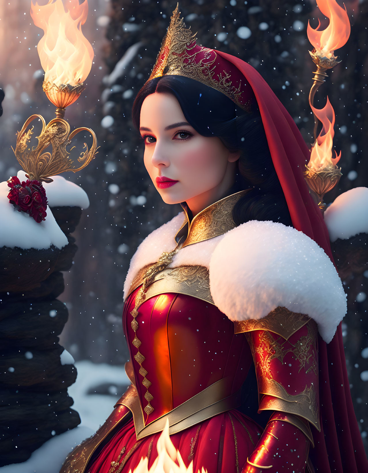 Regal woman in red medieval dress with crown among snowflakes.