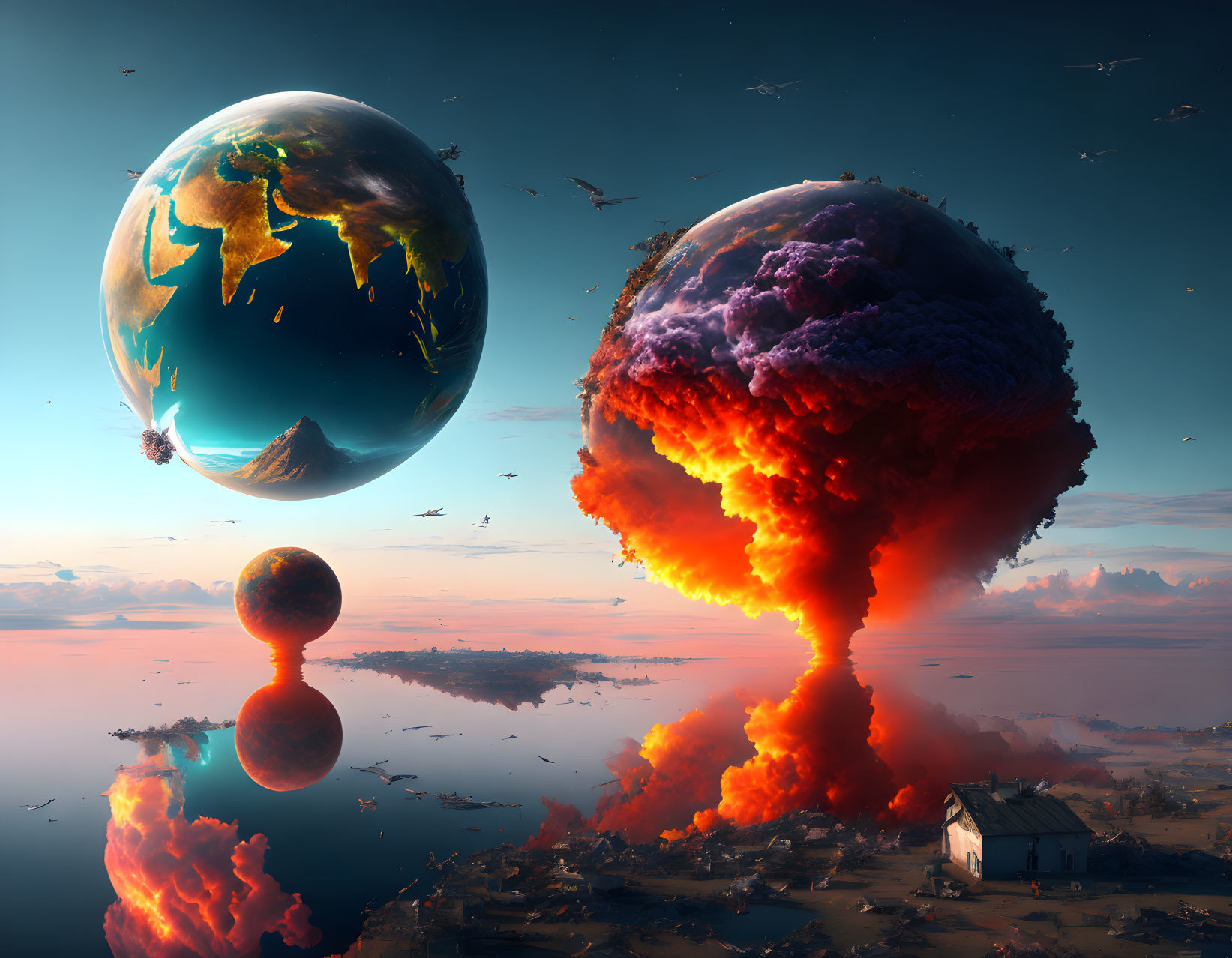 Surreal landscape with oversized planets, explosion, calm sea, and solitary house