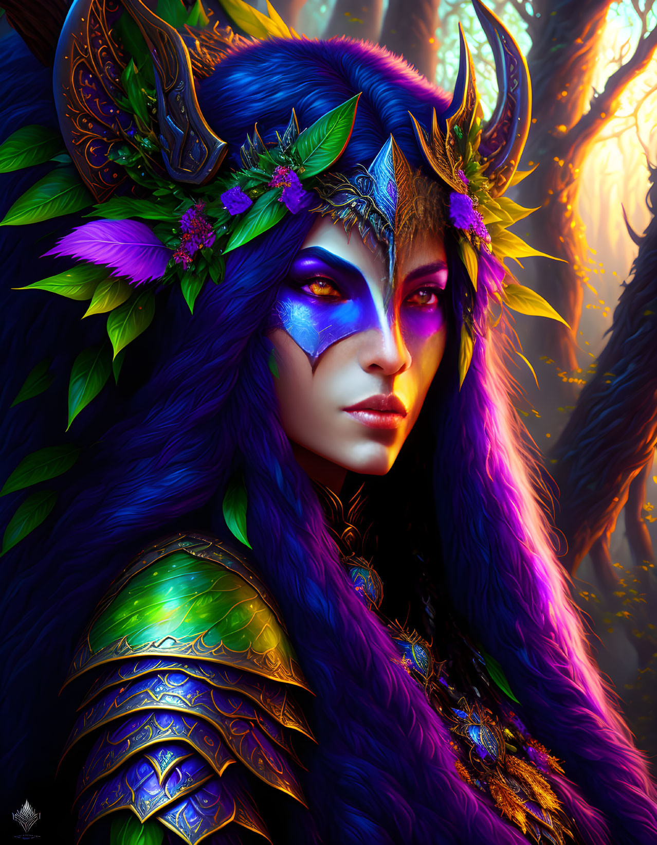 Fantasy female figure with purple hair and golden headgear in mystical woodland.