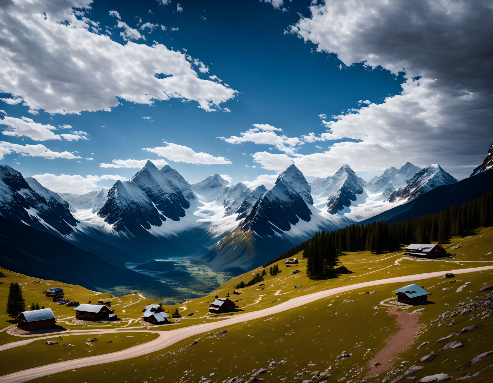 Scenic Mountain Valley with Cabins and Dramatic Sky