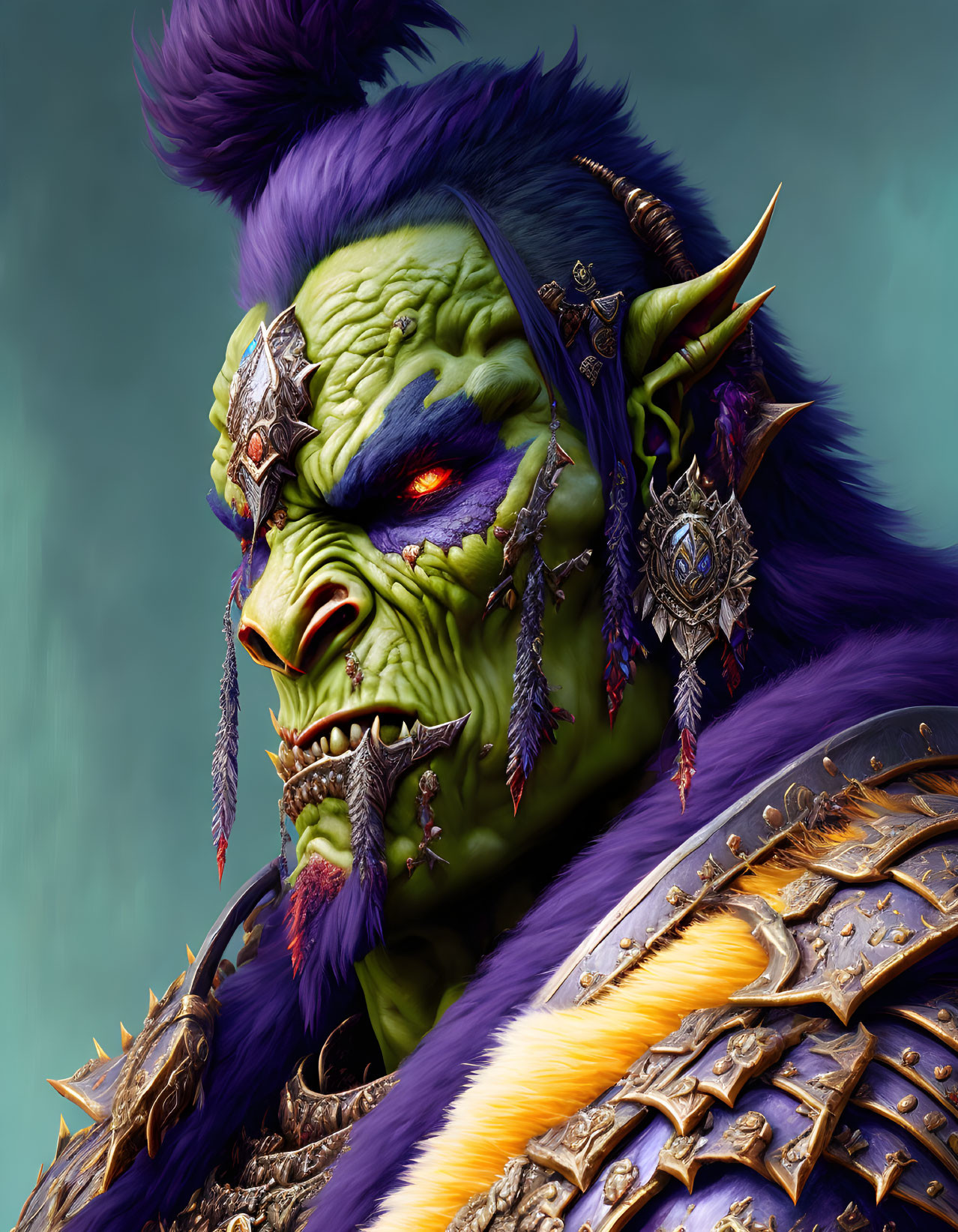 Fantasy orc character with green skin, red eyes, purple hair, spiked armor, fur details,