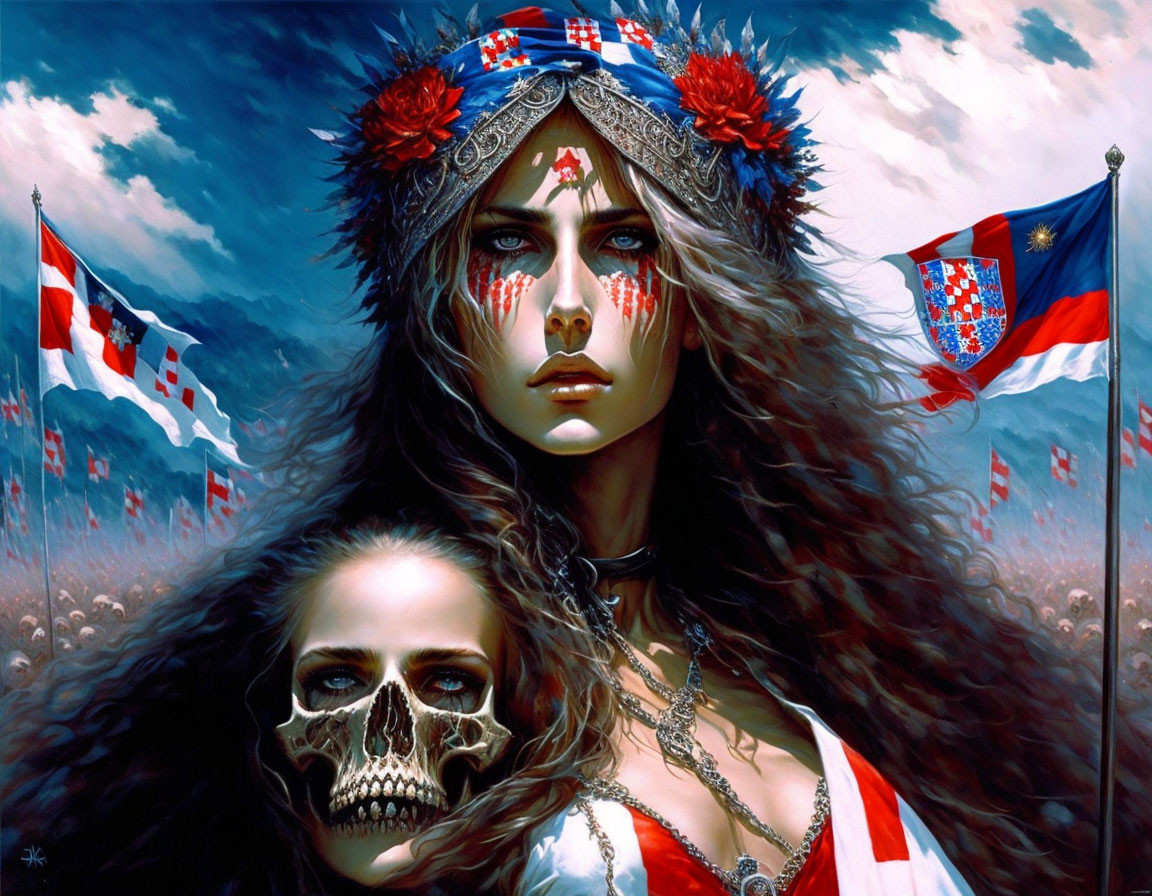 Intense woman with skull, warpaint, feathers, and flags under dramatic sky