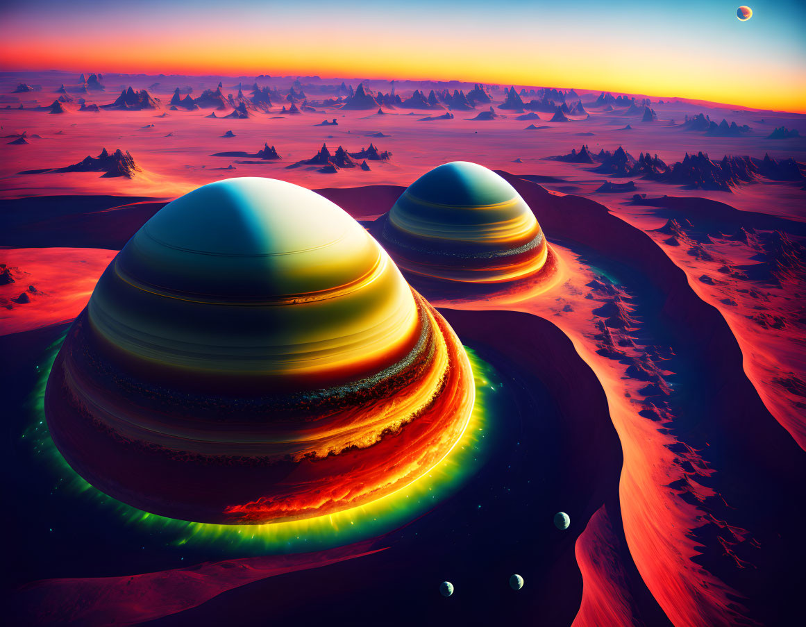 Alien Landscape with Saturn-like Planets and Red Dunes