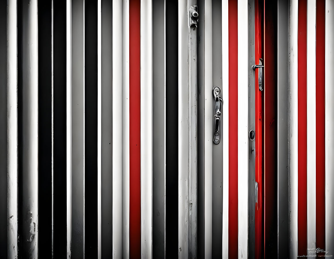 Red Door with Silver Handle on Black and White Striped Background