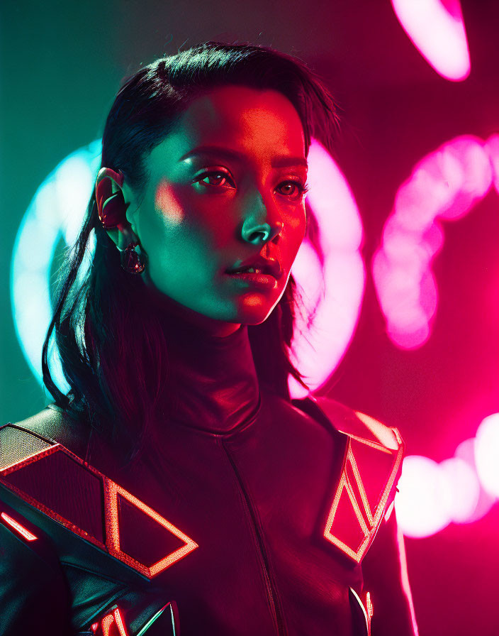 Futuristic portrait of woman with intense gaze and neon lights