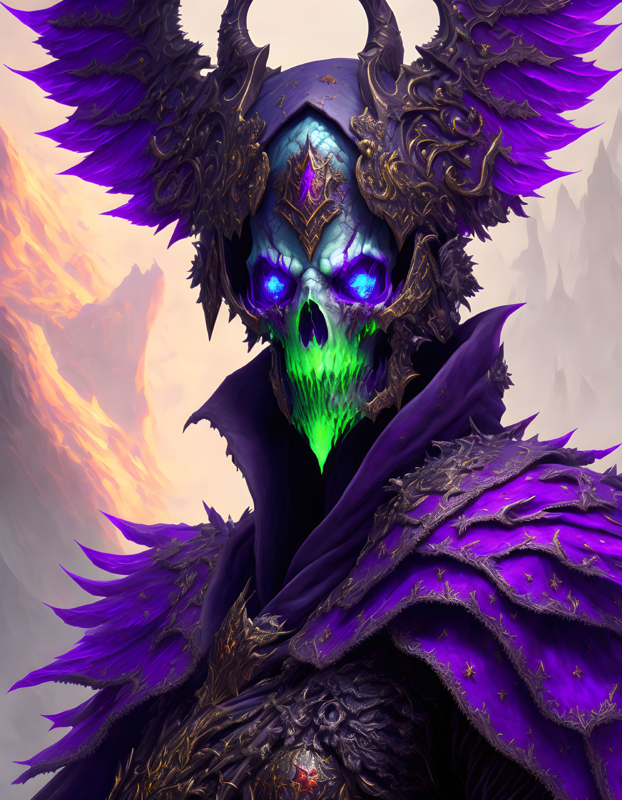 Fantastical figure in ornate black armor with glowing purple eyes and green energy.