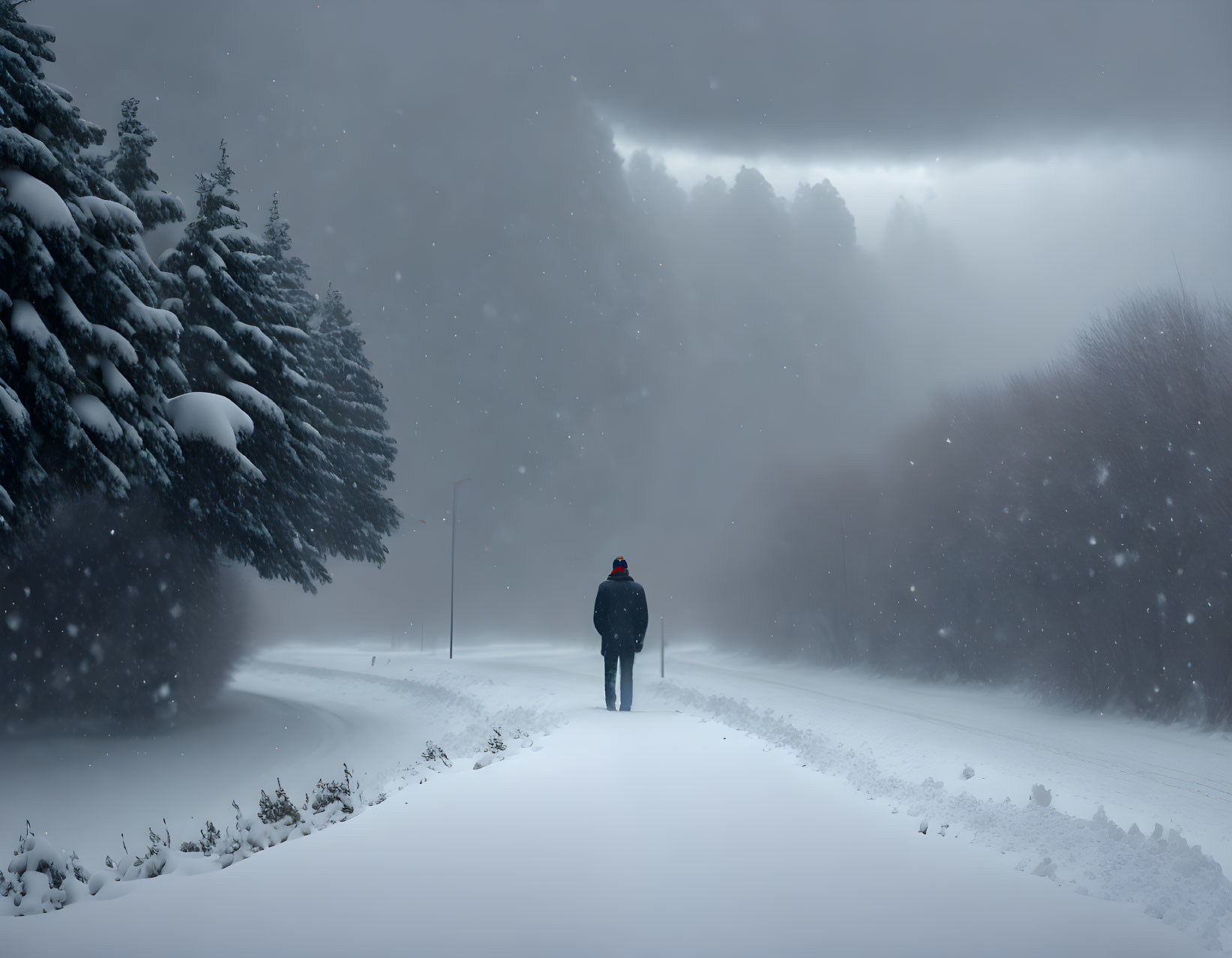 Person walking on snowy road surrounded by pine trees in serene wintry landscape