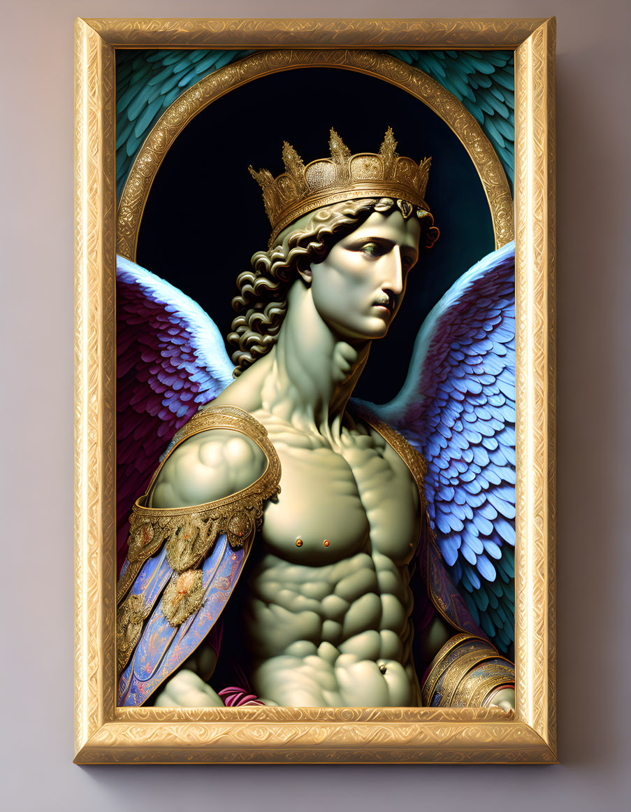 Detailed painting of angelic figure with crown, shield, blue wings in gold frame on beige wall