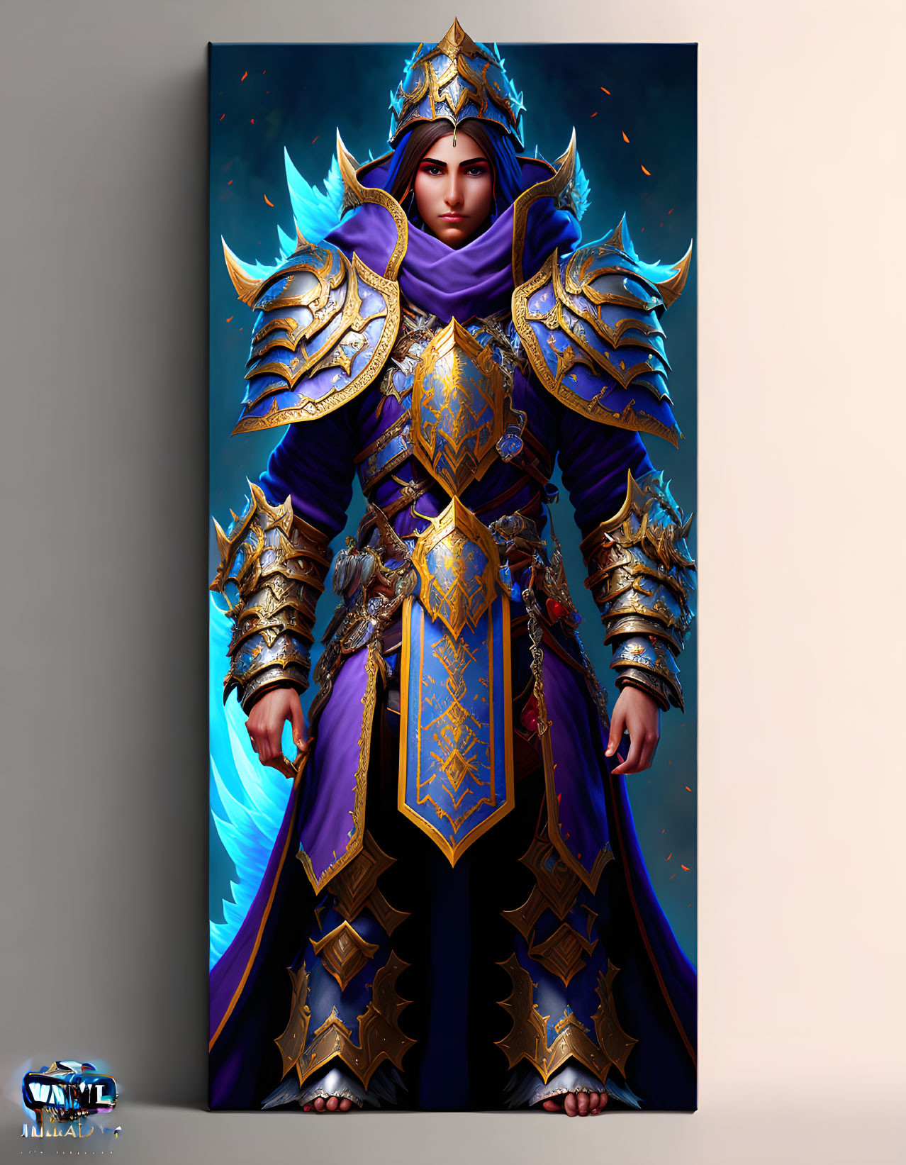 Fantasy character in blue and gold armor with spikes and purple cloak