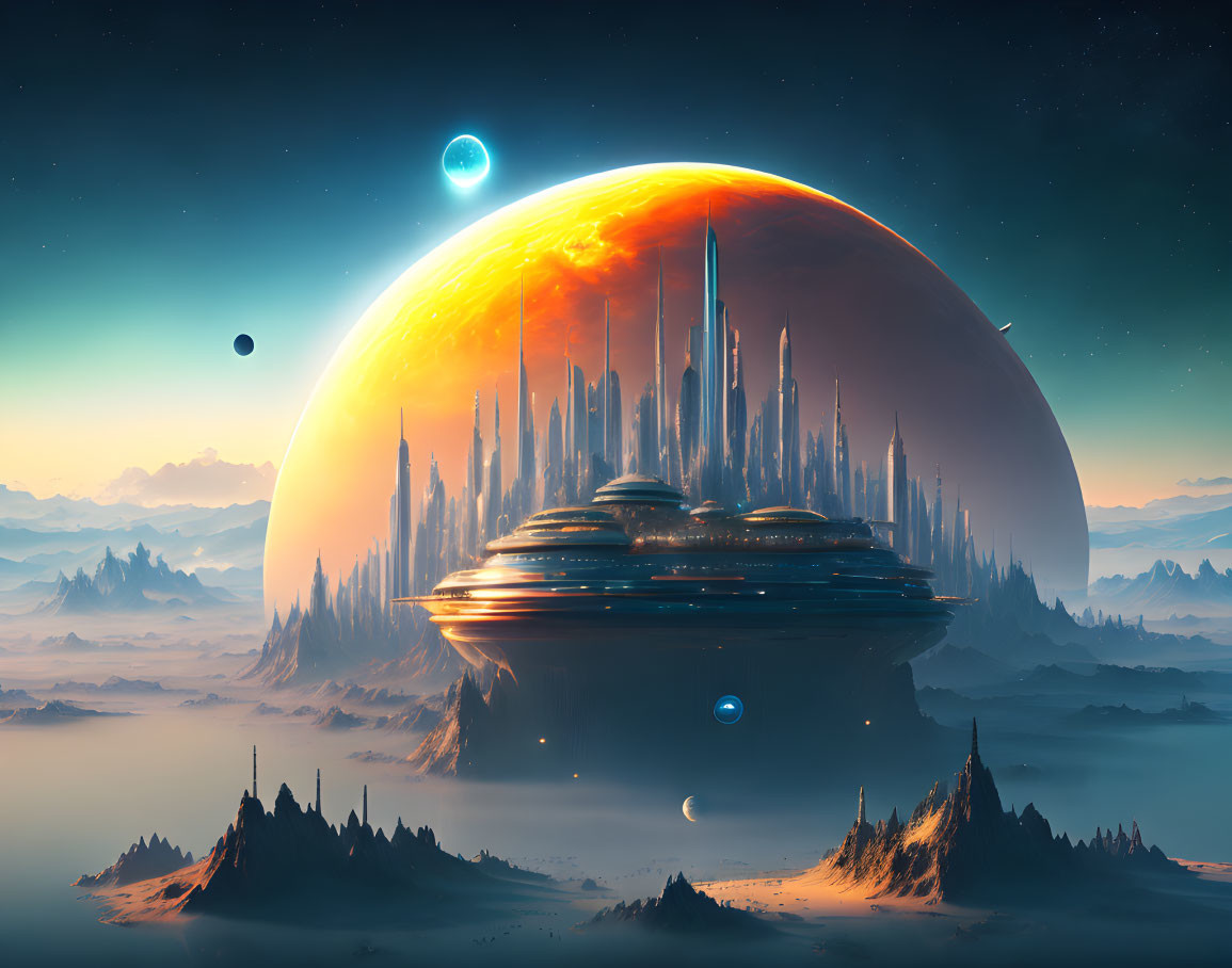 Futuristic cityscape with massive planet, satellites, spaceship, and starry sky